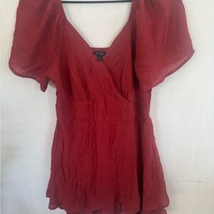 As U Wish Brick Red V-Neck Puff Sleeve Tunic dress